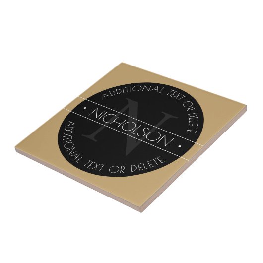 Elegant modern bewerkbaar monogram zwart wit goud tegeltje (Zijkant)
