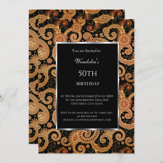Elegant Modern Birthday Party Paisley Invitation Kaart (Voorkant / Achterkant)
