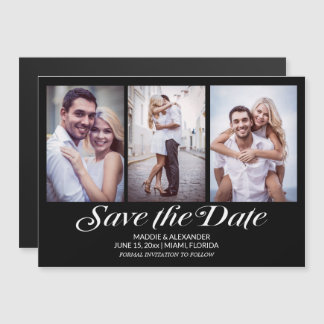 Elegant Modern Black 3 Photo Wedding Save the Date Magnetische Uitnodiging