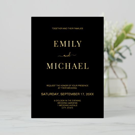 Elegant Modern Black and Gold Wedding Folie Uitnodiging (Staand Voorkant)