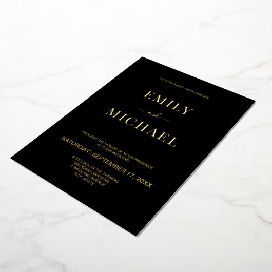 Elegant Modern Black and Gold Wedding Folie Uitnodiging (Gedraaid)