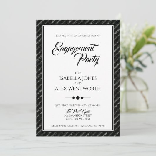 Elegant Modern Black and White Engagement Party Kaart (Staand voorkant)