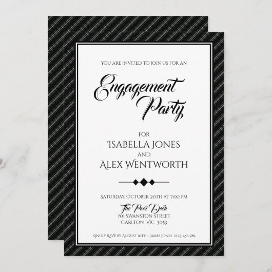 Elegant Modern Black and White Engagement Party Kaart (Voorkant / Achterkant)