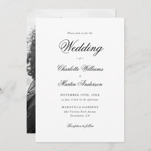 Elegant Modern Black and White Photo Wedding Kaart (Voorkant / Achterkant)