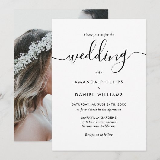 Elegant Modern Black and White Photo Wedding Kaart (Voorkant / Achterkant)