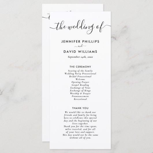 Elegant Modern Black and White Wedding Programmakaart (Voorkant / Achterkant)