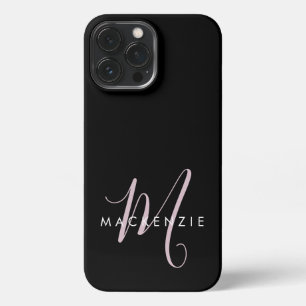 Elegant Modern Black Blush Pink Script Monogram iPhone 13 Pro Max Hoesje