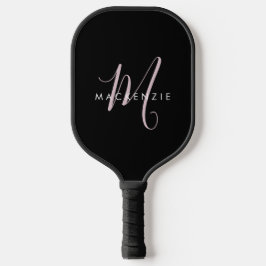 Elegant Modern Black Blush Pink Script Monogram Pickleball Paddle
