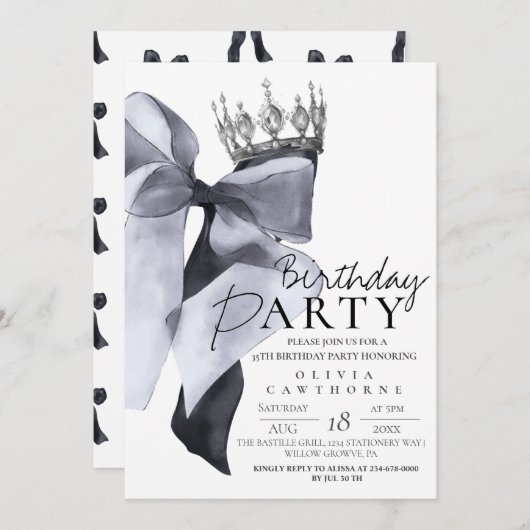 Elegant Modern Black Bow Birthday Party  Kaart (Voorkant / Achterkant)