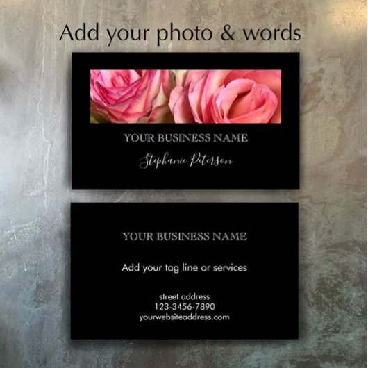 Elegant Modern Black Custom Floral Photo Template  Visitekaartje