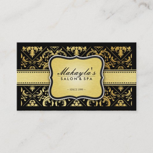 Elegant Modern Black en Metallic Gold Damask Visitekaartje (Voorkant)