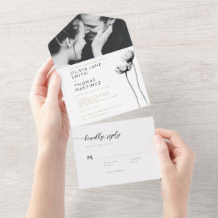 Elegant Modern Black Floral Photo Wedding RSVP All In One Uitnodiging