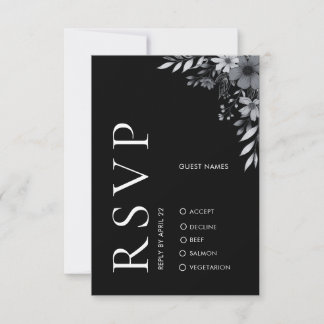 Elegant Modern Black Floral Wedding RSVP Card Notitiekaartje