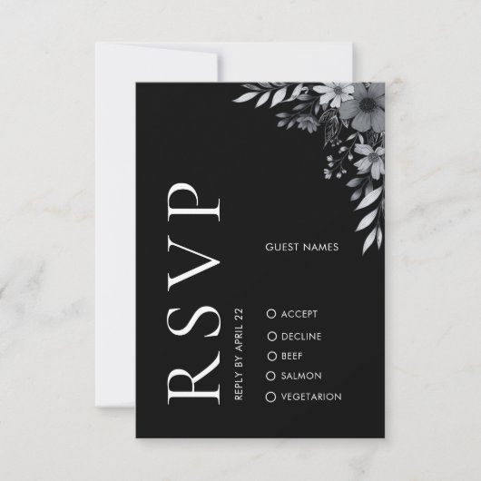 Elegant Modern Black Floral Wedding RSVP Card Notitiekaartje (Voorkant)