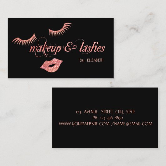 Elegant Modern Black, Glitter Lips, Lashes, Makeup Visitekaartje (Voorkant / Achterkant)