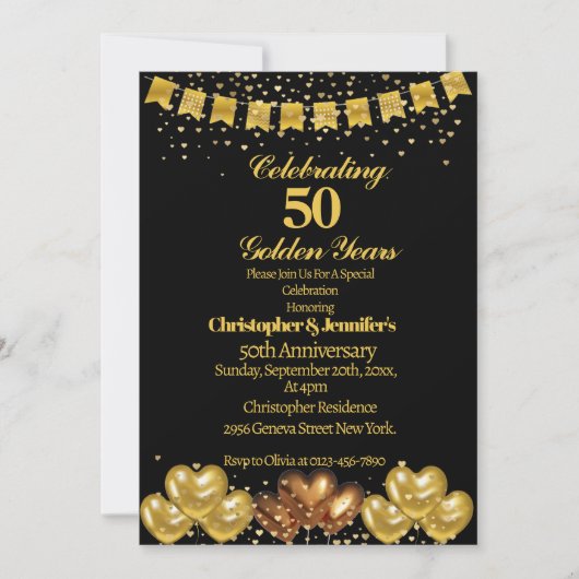 Elegant Modern Black&Gold 50ste bruiloft Jubileum Kaart (Voorkant)