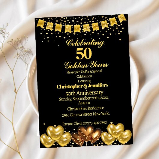 Elegant Modern Black&Gold 50ste bruiloft Jubileum Kaart