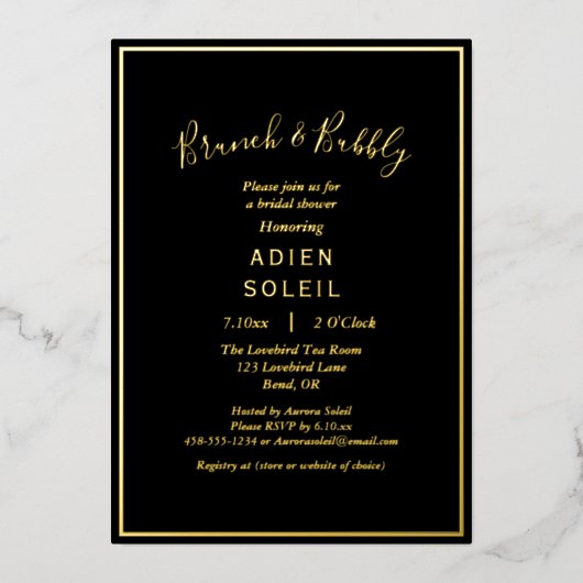 Elegant Modern Black Gold Bridal Brunch en Bubble Folie Uitnodiging (Voorkant)