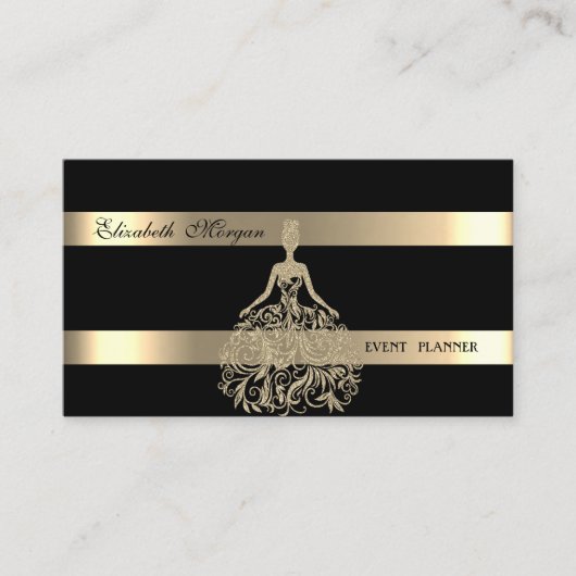 Elegant Modern, Black, Gold Glitter Dress, Striped Visitekaartje (Voorkant)
