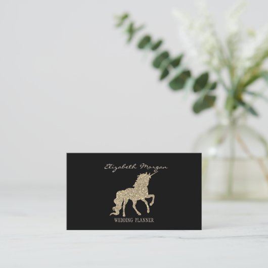 Elegant Modern Black, Gold Glitter Unicorn Visitekaartje (Staand voorkant)
