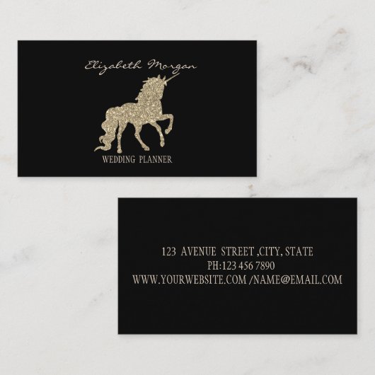 Elegant Modern Black, Gold Glitter Unicorn Visitekaartje (Voorkant / Achterkant)