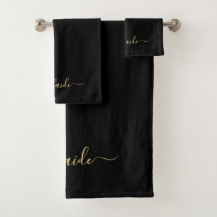 Elegant Modern Black Gold Monogram Name Scrip Bad Handdoek