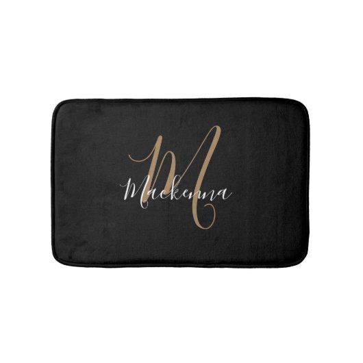 Elegant Modern Black Gold Monogram Script Name Badmat (Voorkant)