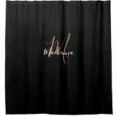 Elegant Modern Black Gold Monogram Script Name Douchegordijn (Voorkant)