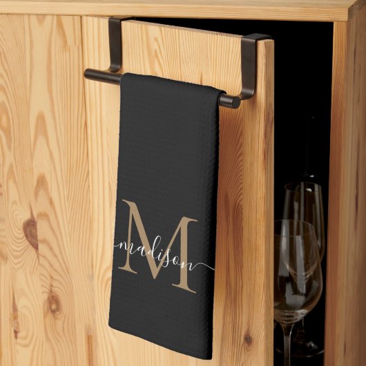 Elegant Modern Black Gold Monogram Script Name Theedoek (Derde Gevouwen)