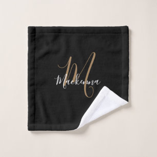 Elegant Modern Black Gold Monogram Script Name Washandje