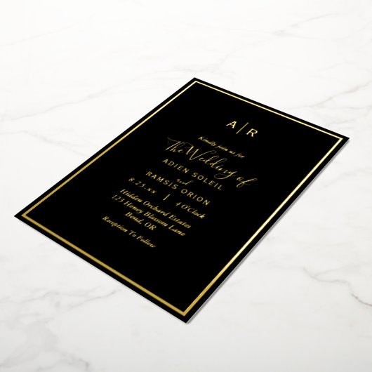 Elegant Modern Black Gold Monogram Weddenschap Folie Uitnodiging (Gedraaid)