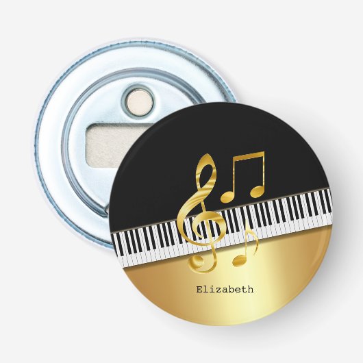 Elegant Modern Black Gold Muzieknoten, Piano Keys Button Flesopener (Voorkant)