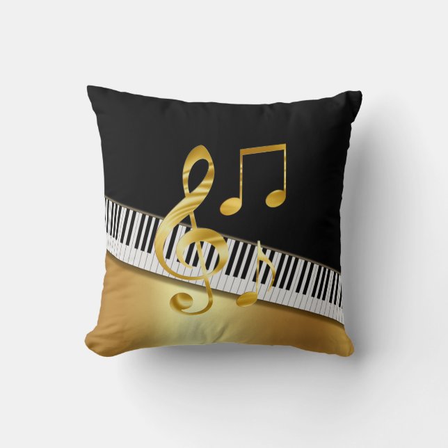 Elegant Modern Black Gold Muzieknoten, Piano Keys Kussen (Voorkant)