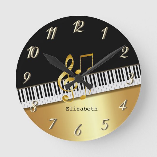 Elegant Modern Black Gold Muzieknoten, Piano Keys  Ronde Klok (Voorkant)