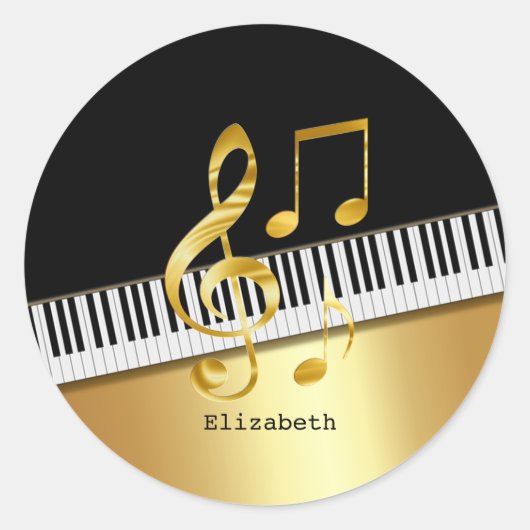 Elegant Modern Black Gold Muzieknoten, Piano Keys Ronde Sticker (Voorkant)