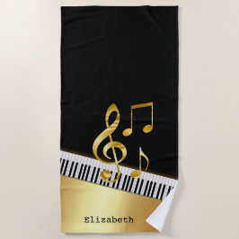 Elegant Modern Black Gold Muzieknoten, Piano Keys Strandlaken