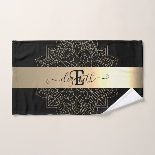Elegant Modern Black Gold Stripe Floral Mandala Bad Handdoek (Handdoek)