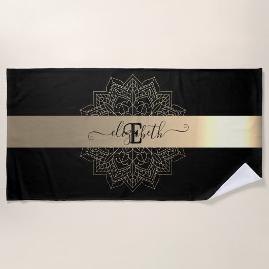 Elegant Modern Black Gold Stripe Floral Mandala Strandlaken (Voorkant)