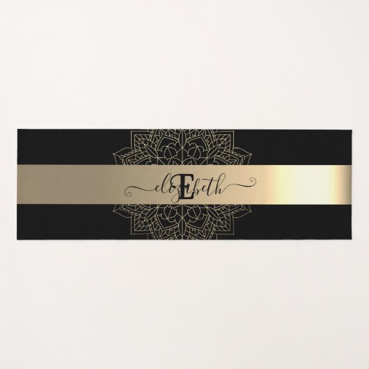 Elegant Modern Black Gold Stripe Floral Mandala Yogamat (Voorkant (horizontaal))