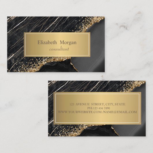 Elegant Modern Black Marble Gold Sequins Visitekaartje (Voorkant / Achterkant)