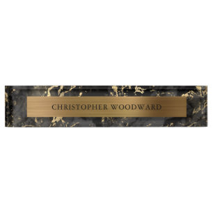 Elegant Modern Black marmer, geborsteld Gold Foil Naambordje