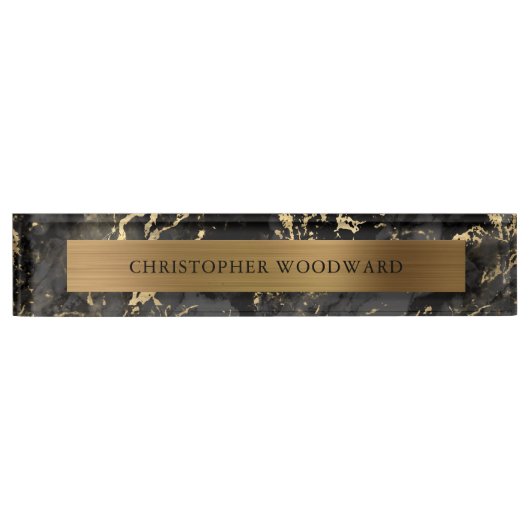 Elegant Modern Black marmer, geborsteld Gold Foil Naambordje (Voorkant)