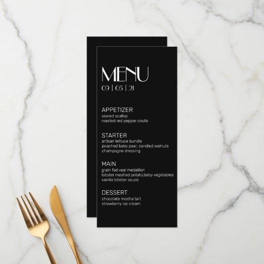 Elegant Modern Black met White Wedding Menu (Voorkant / Achterkant in situ)