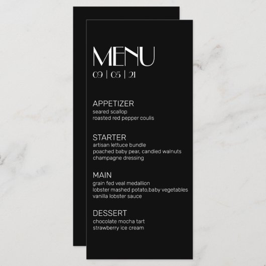 Elegant Modern Black met White Wedding Menu (Voorkant / Achterkant)