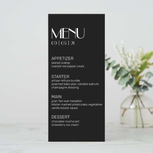 Elegant Modern Black met White Wedding Menu (Staand voorkant)
