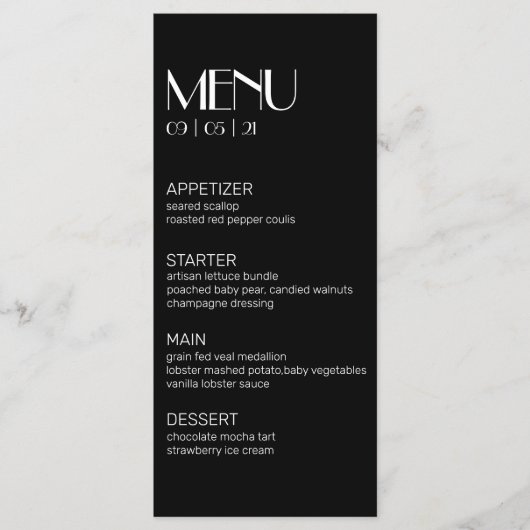 Elegant Modern Black met White Wedding Menu (Voorkant)