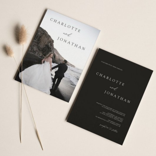 Elegant Modern Black Photo Classic Wedding Kaart