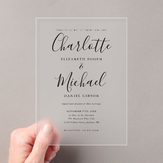 Elegant modern Black Signature Script Weddenschap Acryl Uitnodigingen (Insitu (Draagbaar))