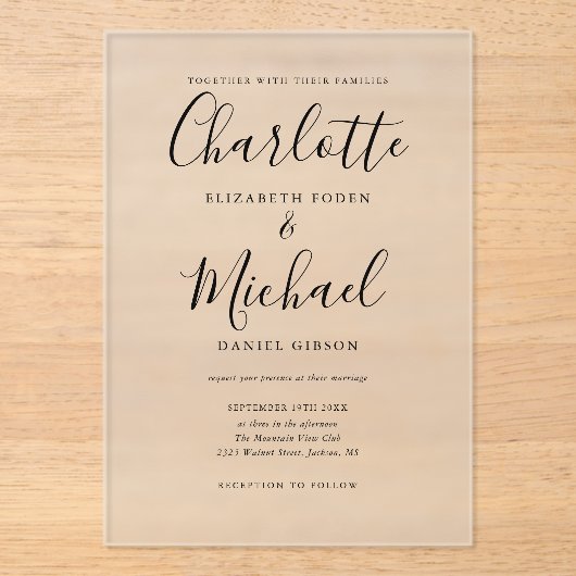 Elegant modern Black Signature Script Weddenschap Acryl Uitnodigingen (Voorkant)