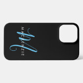 Elegant modern Black Sky Blue Script Monogram iPhone Hoesje (Achterkant horizontaal)